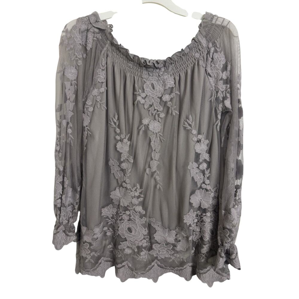 Gray Sheer Lacy Floral Long Sleeve Top M Fairy Grunge Dark Romance Bell Cuff